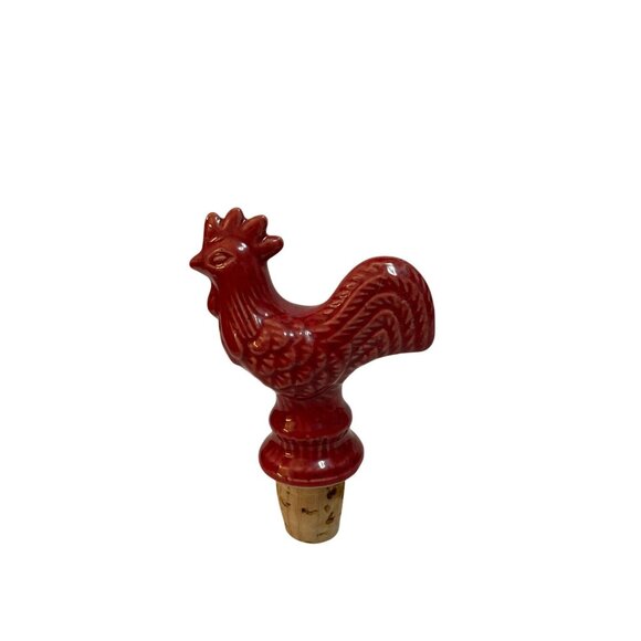 Red Ceramic Rooster Wine Bottle Stopper With Cork - Picture 1 of 7